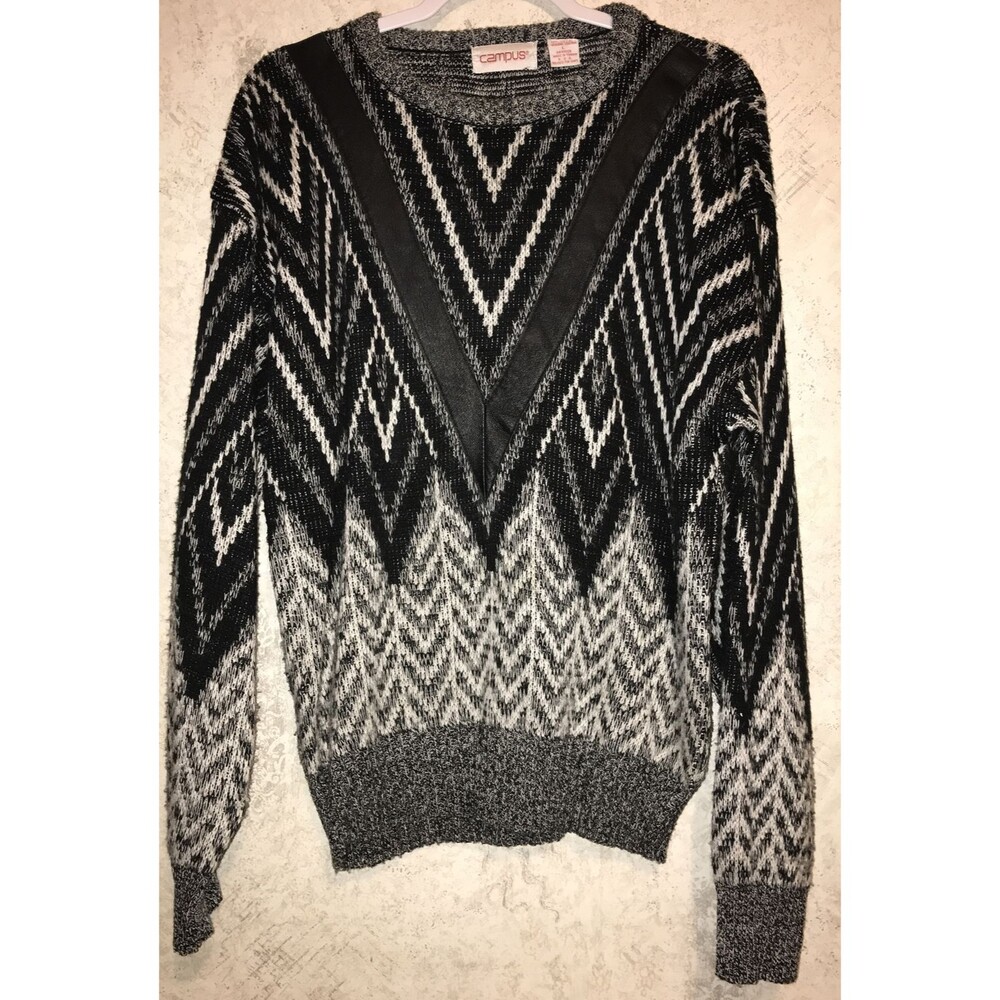 Campus Acrylic SWEATER Leather Trim Sweater Men LARGE L Winter Retro VINTAGE